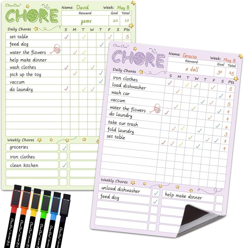 Clever Clean Magnetic Dry Erase Chore Chart - 8.5"x12" Behavior Responsibility Chore Board for Kids, Teenagers - 6 Extra Fine Point Markers Included - Shipped Flat 2 Pcs - Image 1